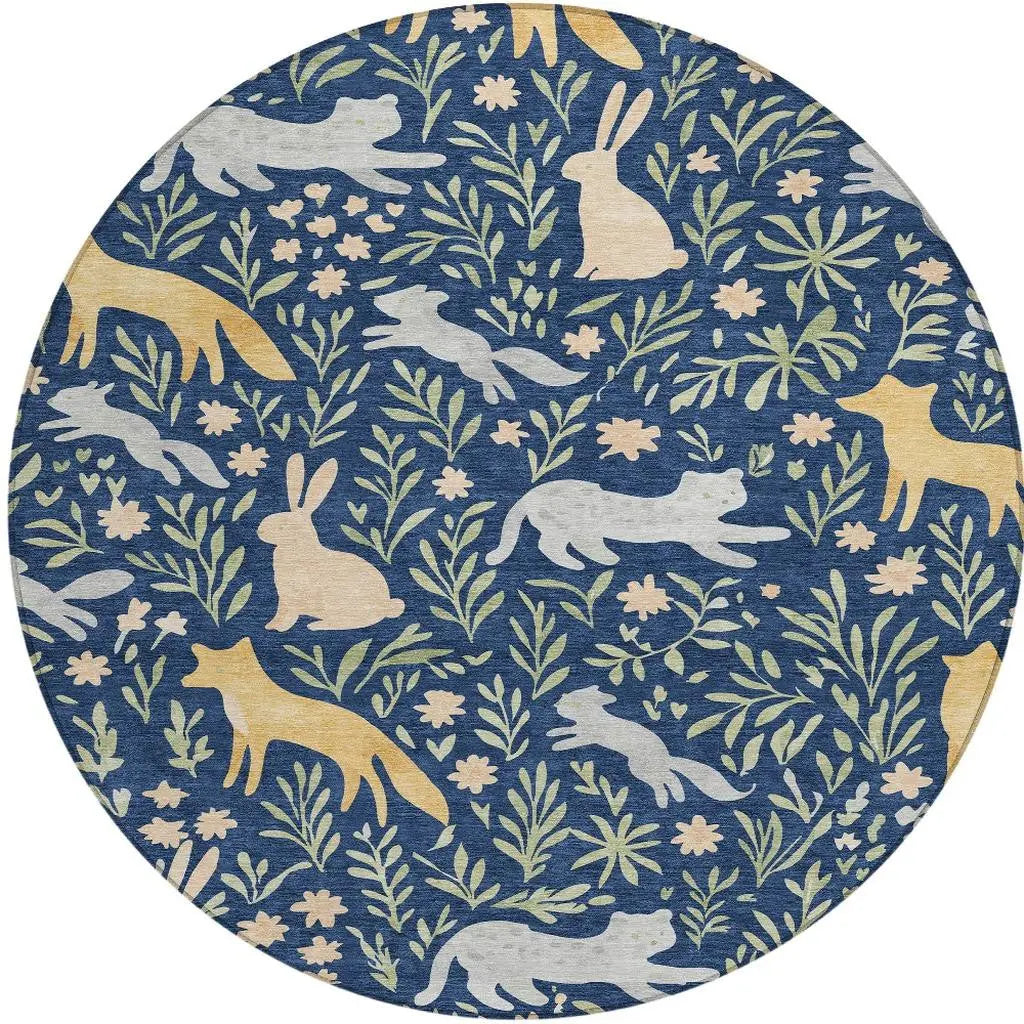 8' Navy Blue And Gold Round Botanical Leaves Washable Indoor Outdoor Area Rug Homeroots Outdoor