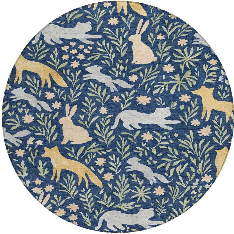 8' Navy Blue And Gold Round Botanical Leaves Washable Indoor Outdoor Area Rug Homeroots Outdoor