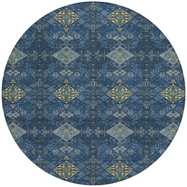 8' Navy Blue And Gold Round Geometric Washable Indoor Outdoor Area Rug Homeroots Outdoor
