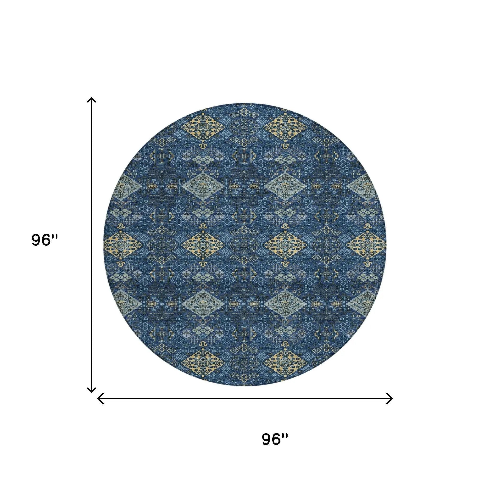 8' Navy Blue And Gold Round Geometric Washable Indoor Outdoor Area Rug Homeroots Outdoor
