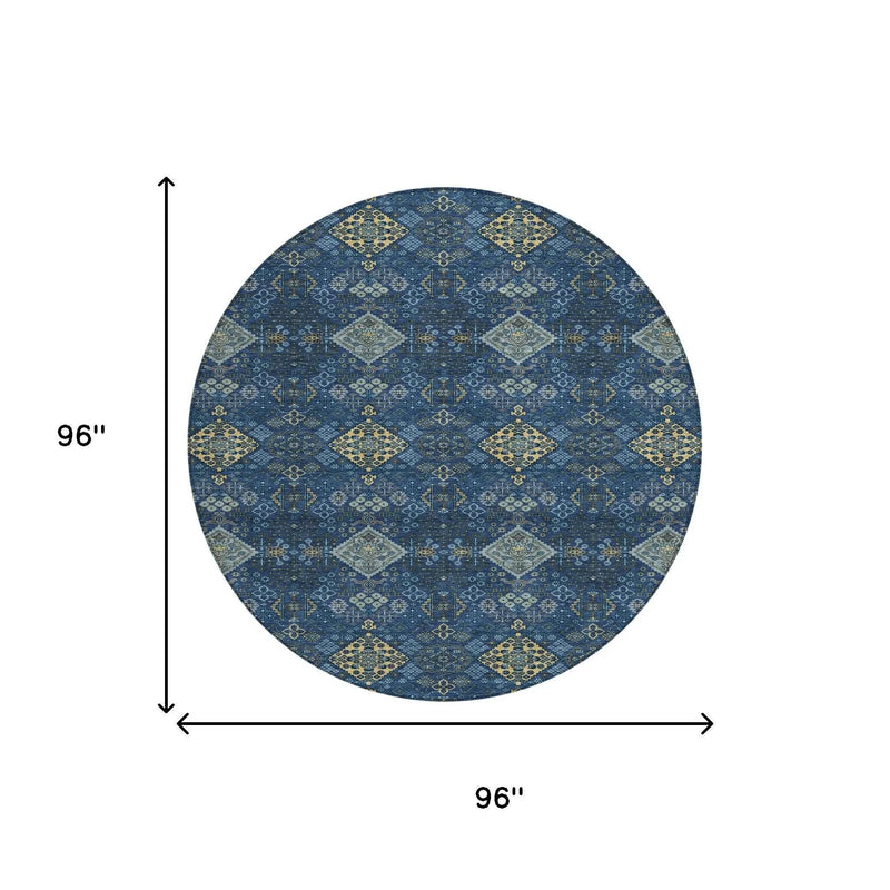 8' Navy Blue And Gold Round Geometric Washable Indoor Outdoor Area Rug Homeroots Outdoor