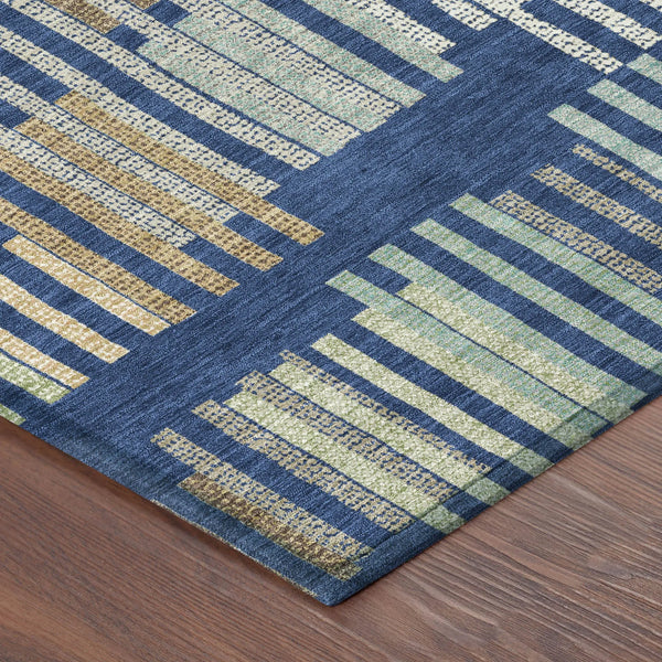 8' Navy Blue And Gold Round Striped Washable Indoor Outdoor Area Rug Homeroots Outdoor