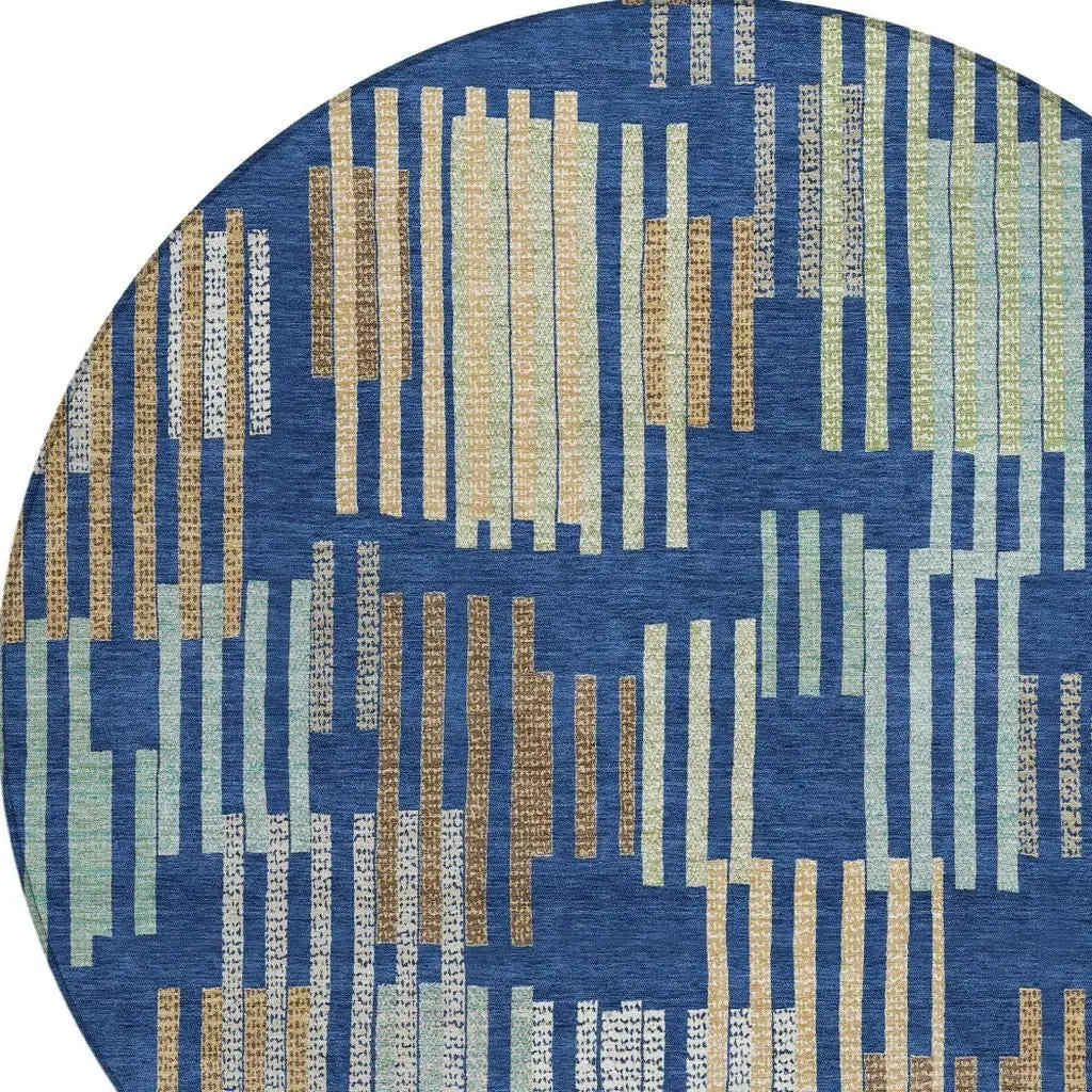 8' Navy Blue And Gold Round Striped Washable Indoor Outdoor Area Rug Homeroots Outdoor