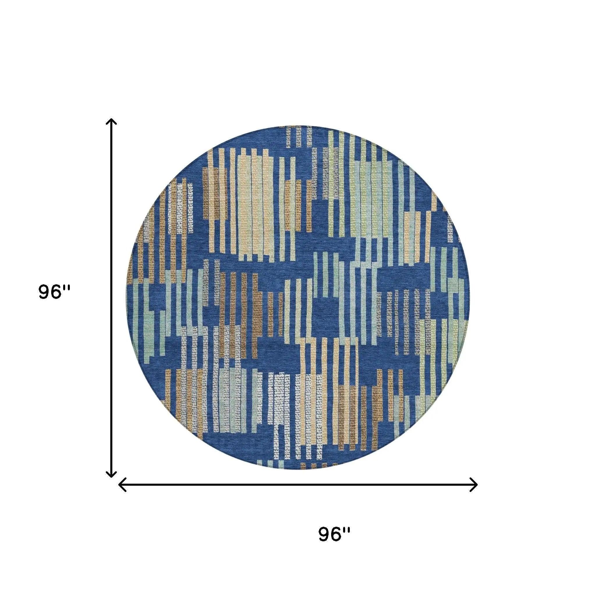 8' Navy Blue And Gold Round Striped Washable Indoor Outdoor Area Rug Homeroots Outdoor