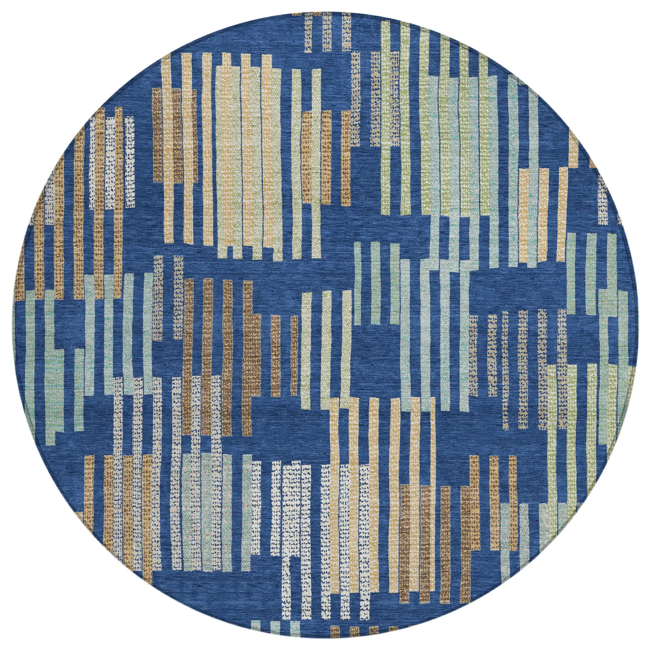 8' Navy Blue And Gold Round Striped Washable Indoor Outdoor Area Rug Homeroots Outdoor
