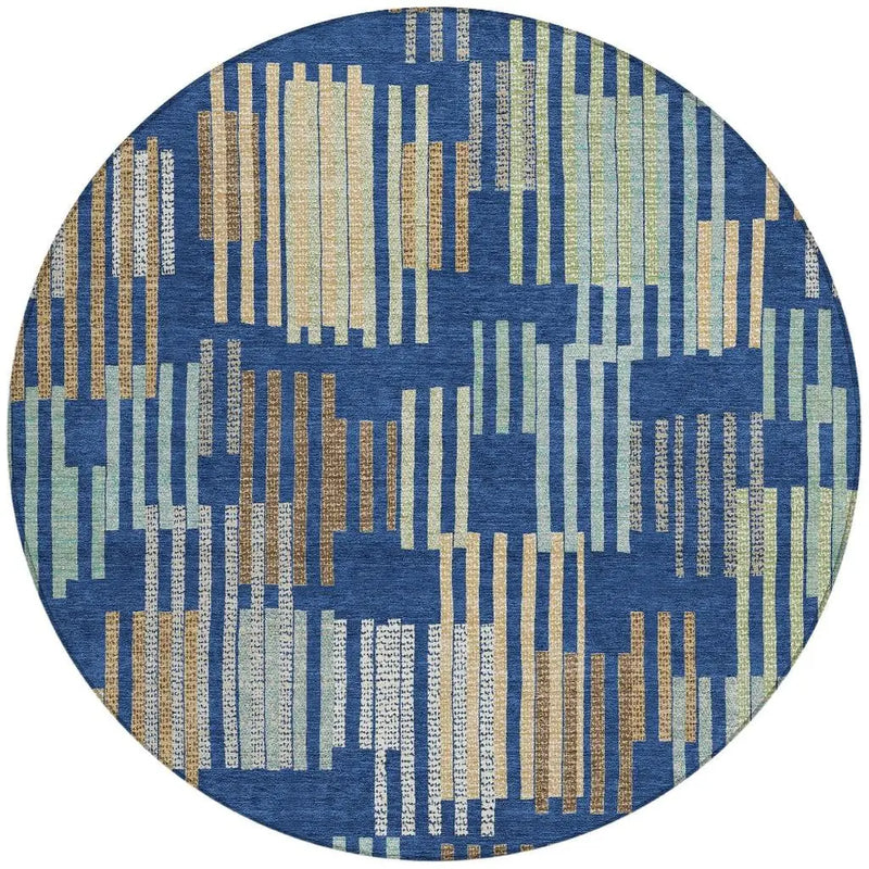8' Navy Blue And Gold Round Striped Washable Indoor Outdoor Area Rug Homeroots Outdoor