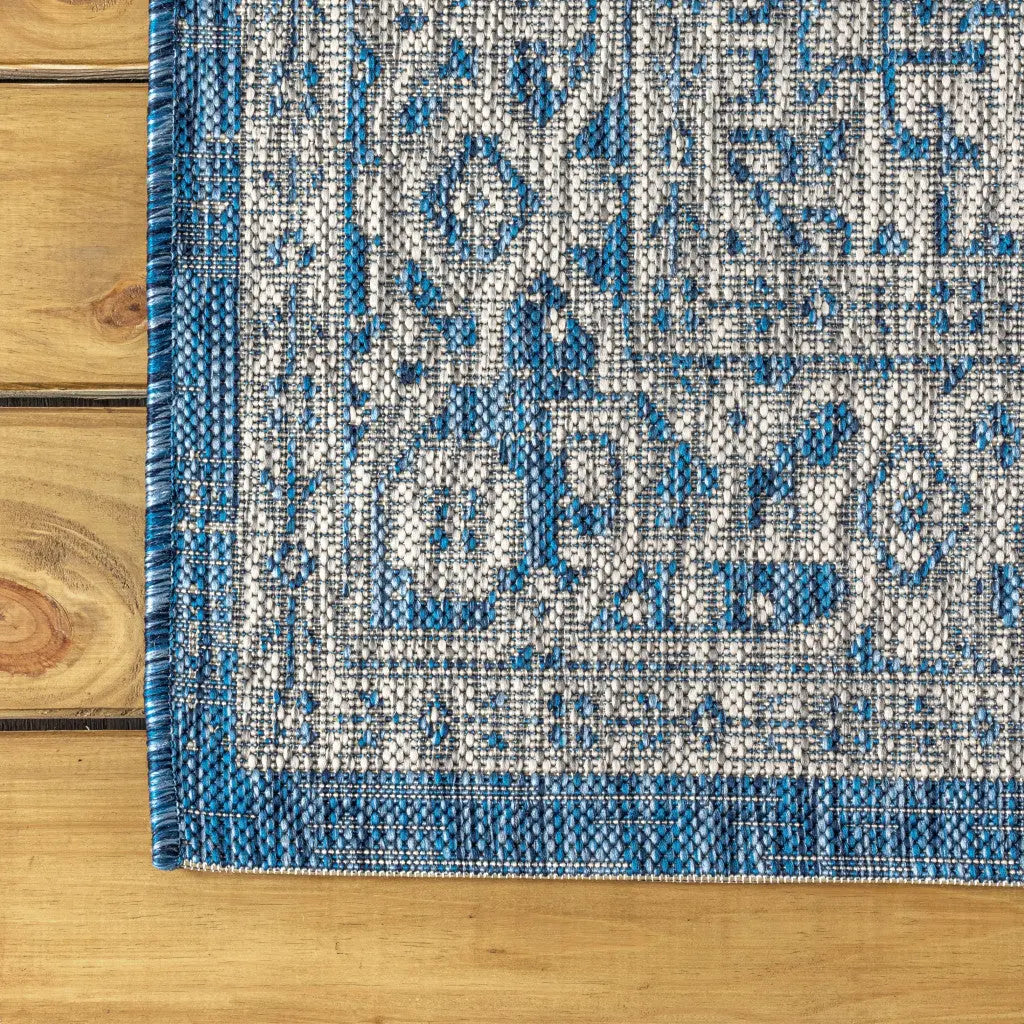 8' Navy Blue And Gray Medallion Indoor Outdoor Runner Rug Homeroots Outdoor