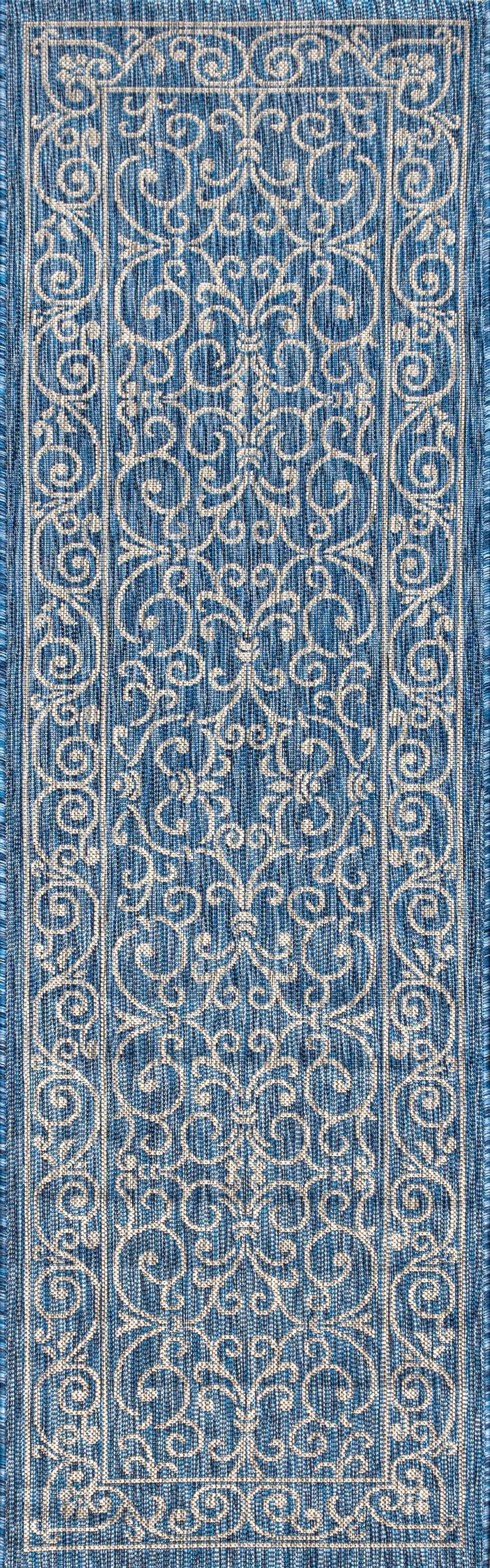 8' Navy Blue And Gray Medallion Indoor Outdoor Runner Rug Homeroots Outdoor