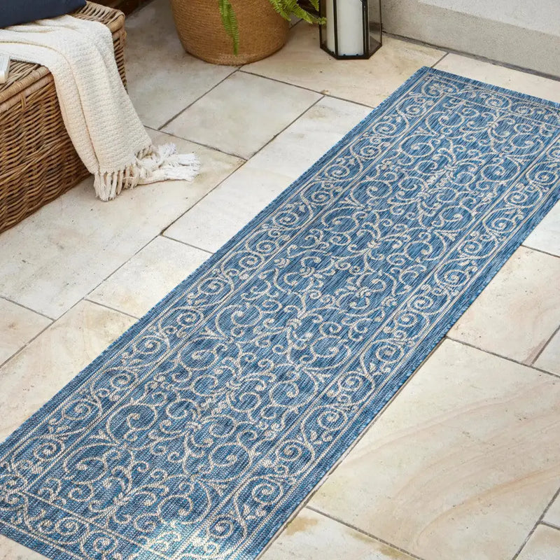 8' Navy Blue And Gray Medallion Indoor Outdoor Runner Rug Homeroots Outdoor