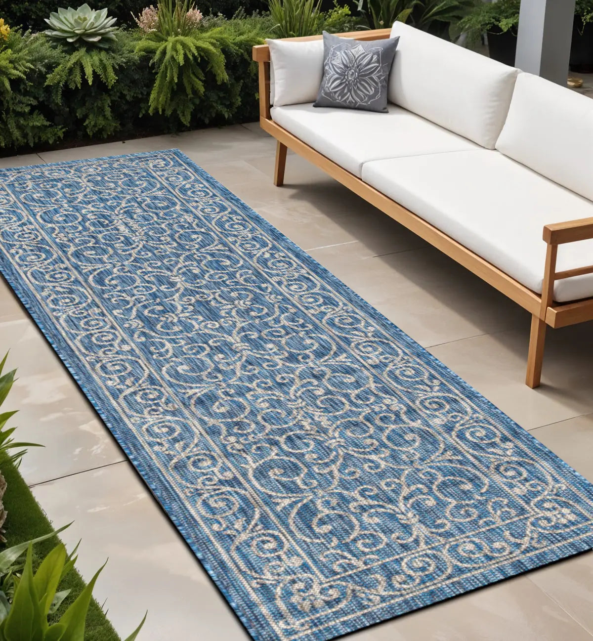 8' Navy Blue And Gray Medallion Indoor Outdoor Runner Rug Homeroots Outdoor