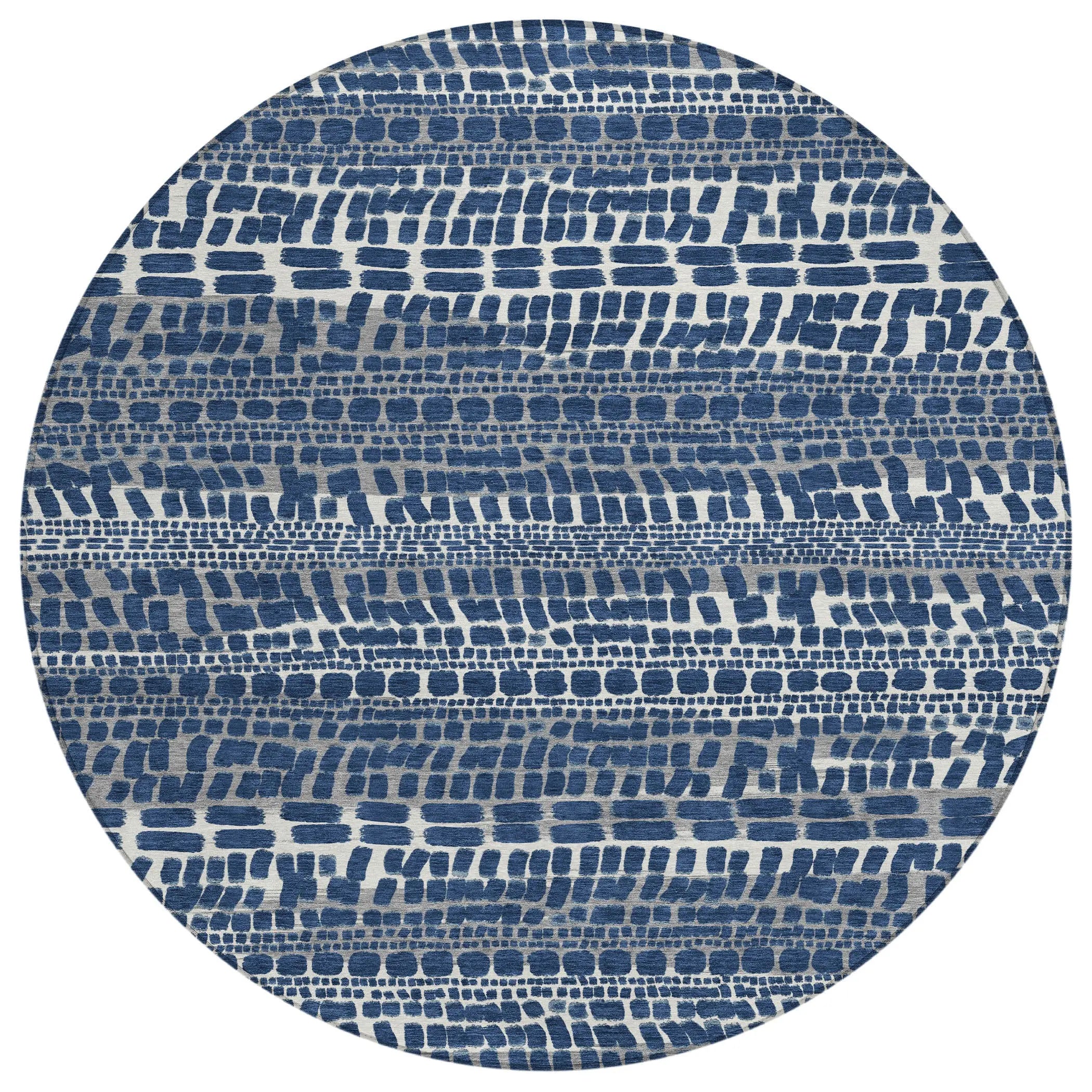 8' Navy Blue And Gray Round Abstract Washable Indoor Outdoor Area Rug Homeroots Outdoor