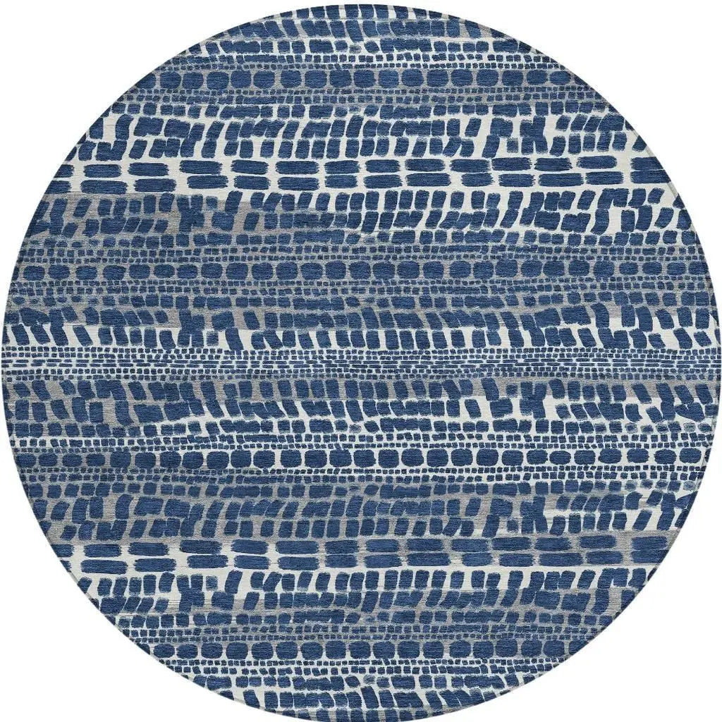 8' Navy Blue And Gray Round Abstract Washable Indoor Outdoor Area Rug Homeroots Outdoor