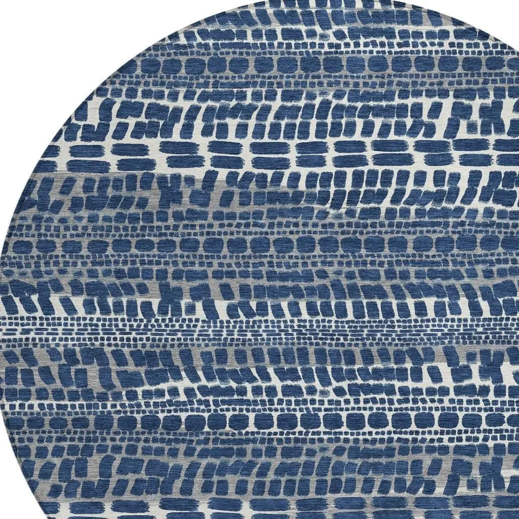 8' Navy Blue And Gray Round Abstract Washable Indoor Outdoor Area Rug Homeroots Outdoor