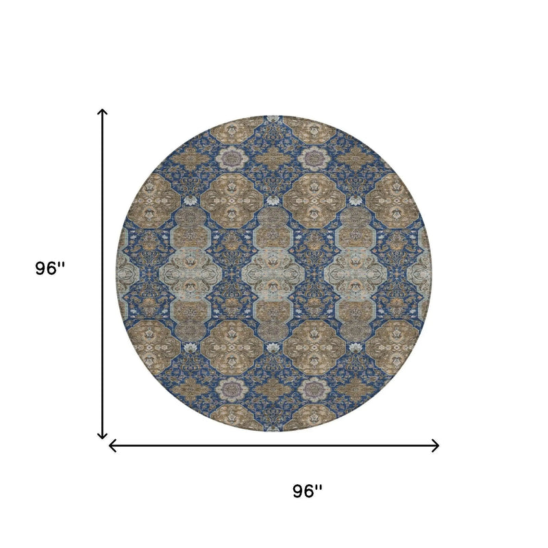8' Navy Blue And Gray Round Floral Washable Indoor Outdoor Area Rug Homeroots Outdoor