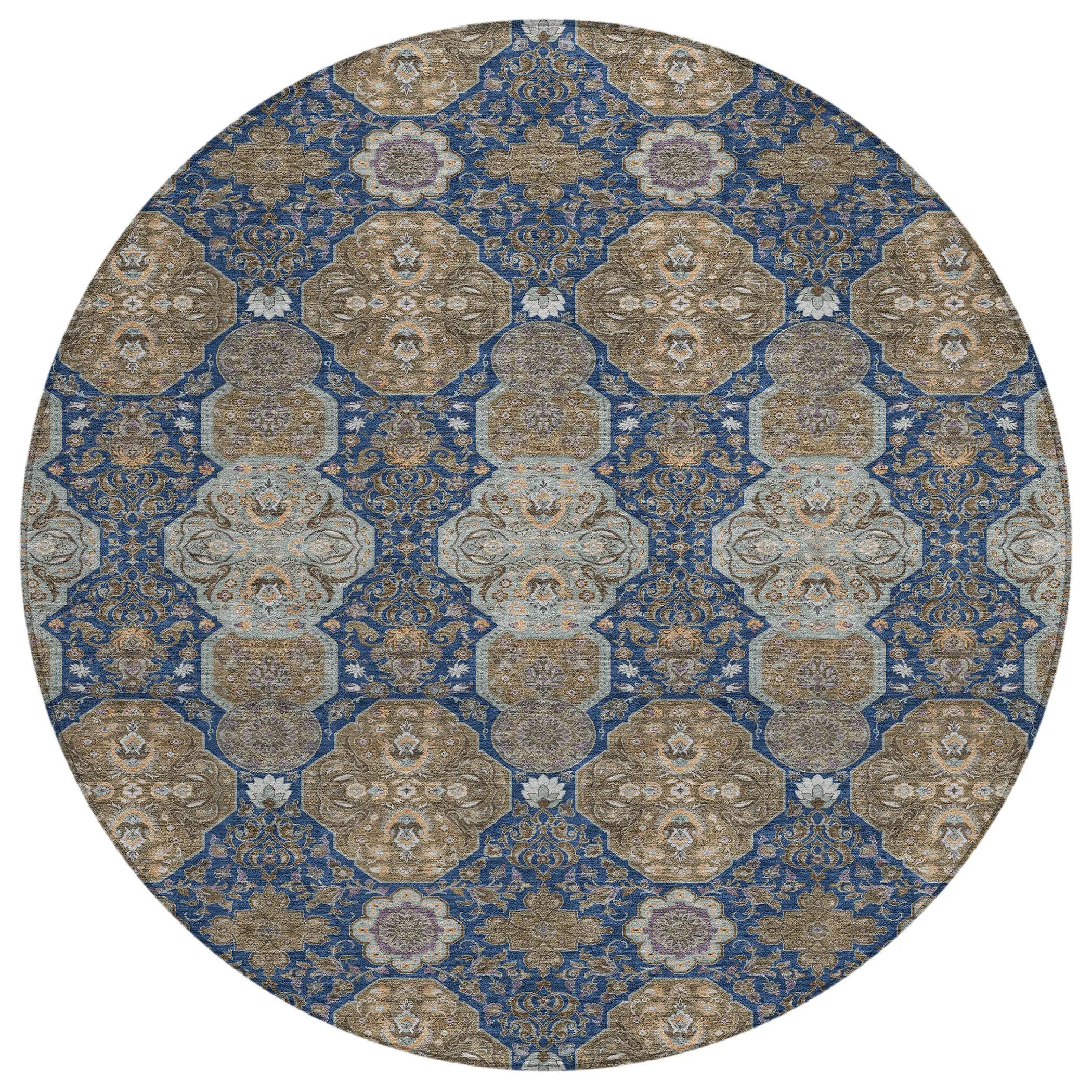 8' Navy Blue And Gray Round Floral Washable Indoor Outdoor Area Rug Homeroots Outdoor