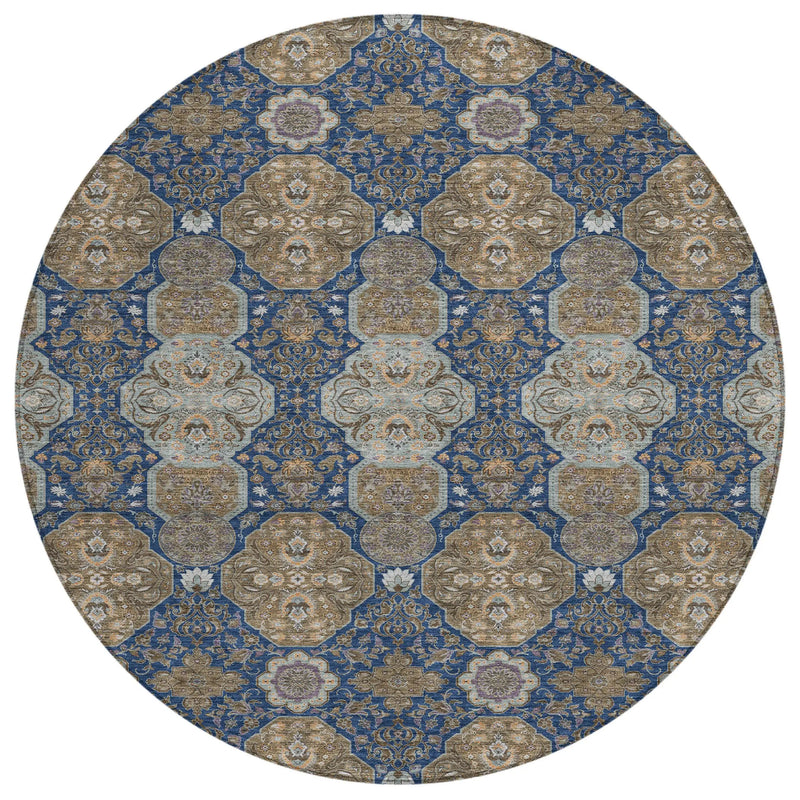 8' Navy Blue And Gray Round Floral Washable Indoor Outdoor Area Rug Homeroots Outdoor