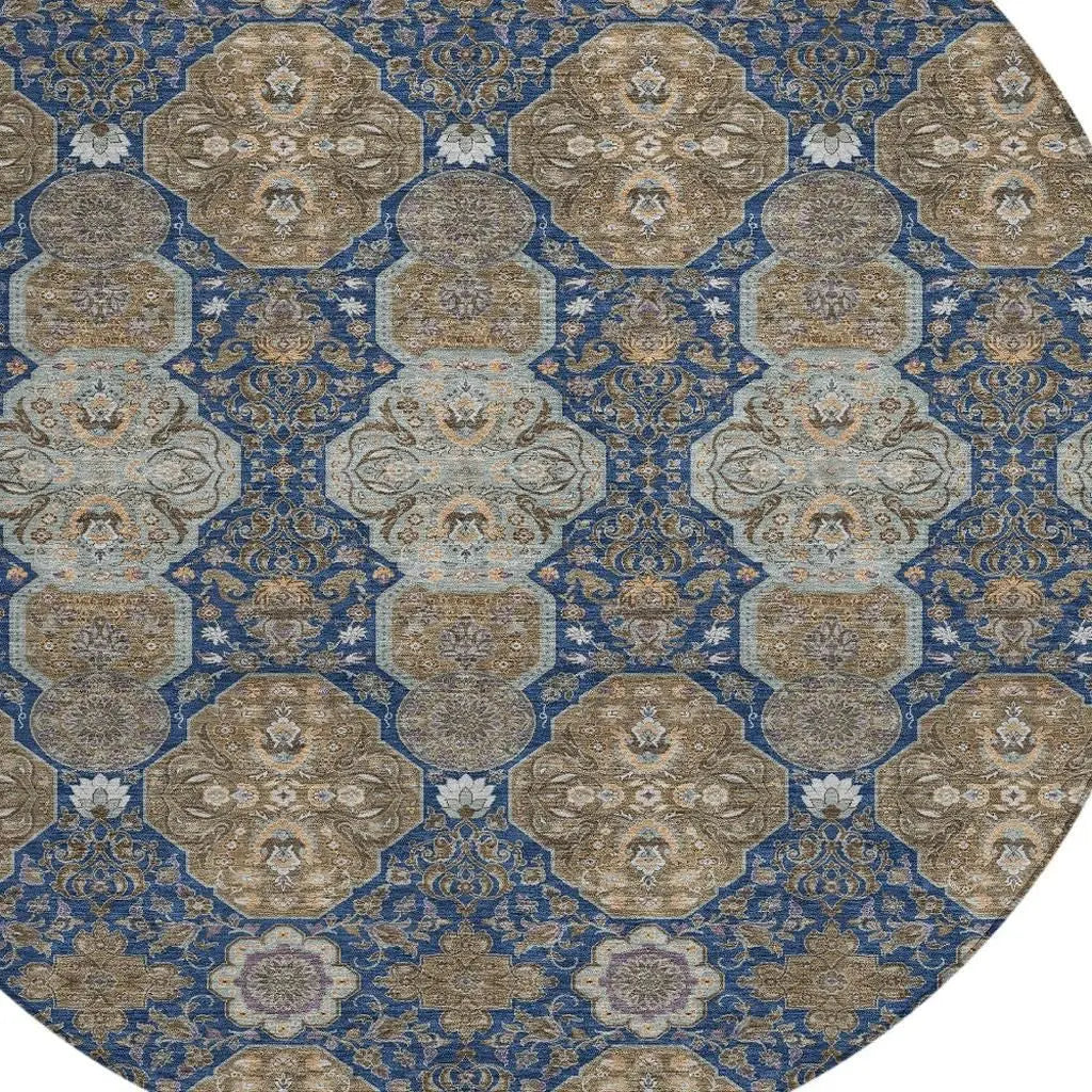 8' Navy Blue And Gray Round Floral Washable Indoor Outdoor Area Rug Homeroots Outdoor