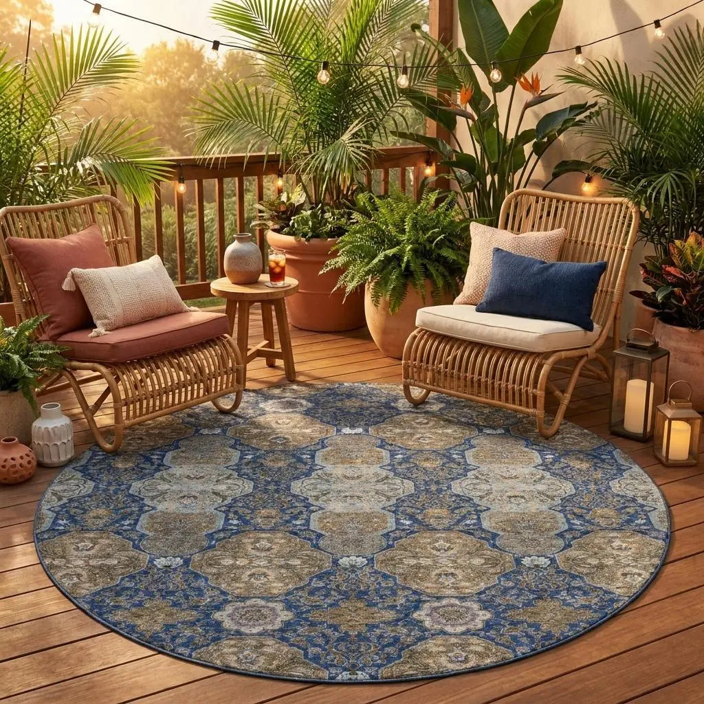 8' Navy Blue And Gray Round Floral Washable Indoor Outdoor Area Rug Homeroots Outdoor
