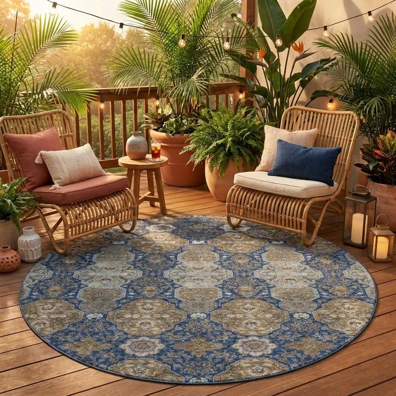 8' Navy Blue And Gray Round Floral Washable Indoor Outdoor Area Rug Homeroots Outdoor