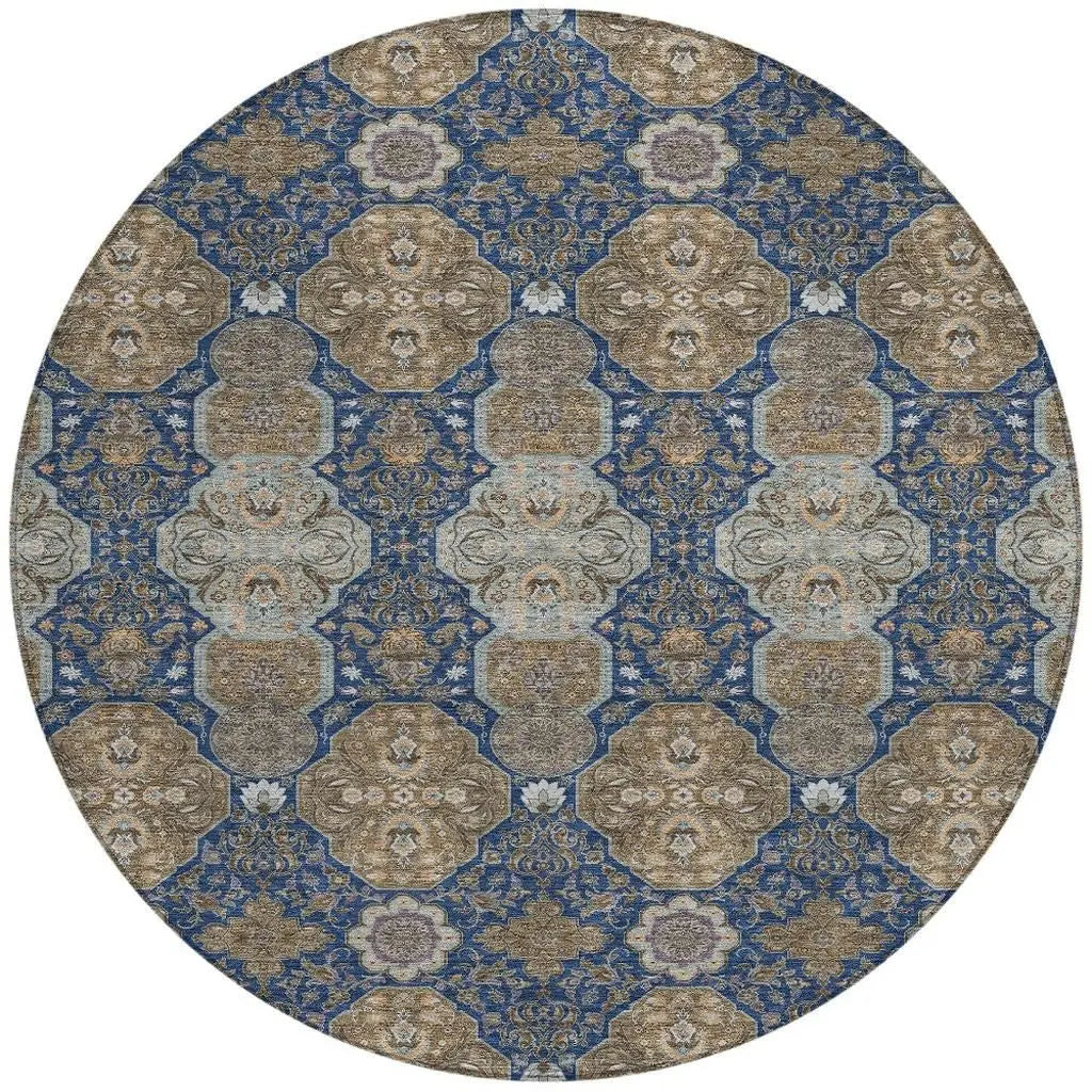 8' Navy Blue And Gray Round Floral Washable Indoor Outdoor Area Rug Homeroots Outdoor
