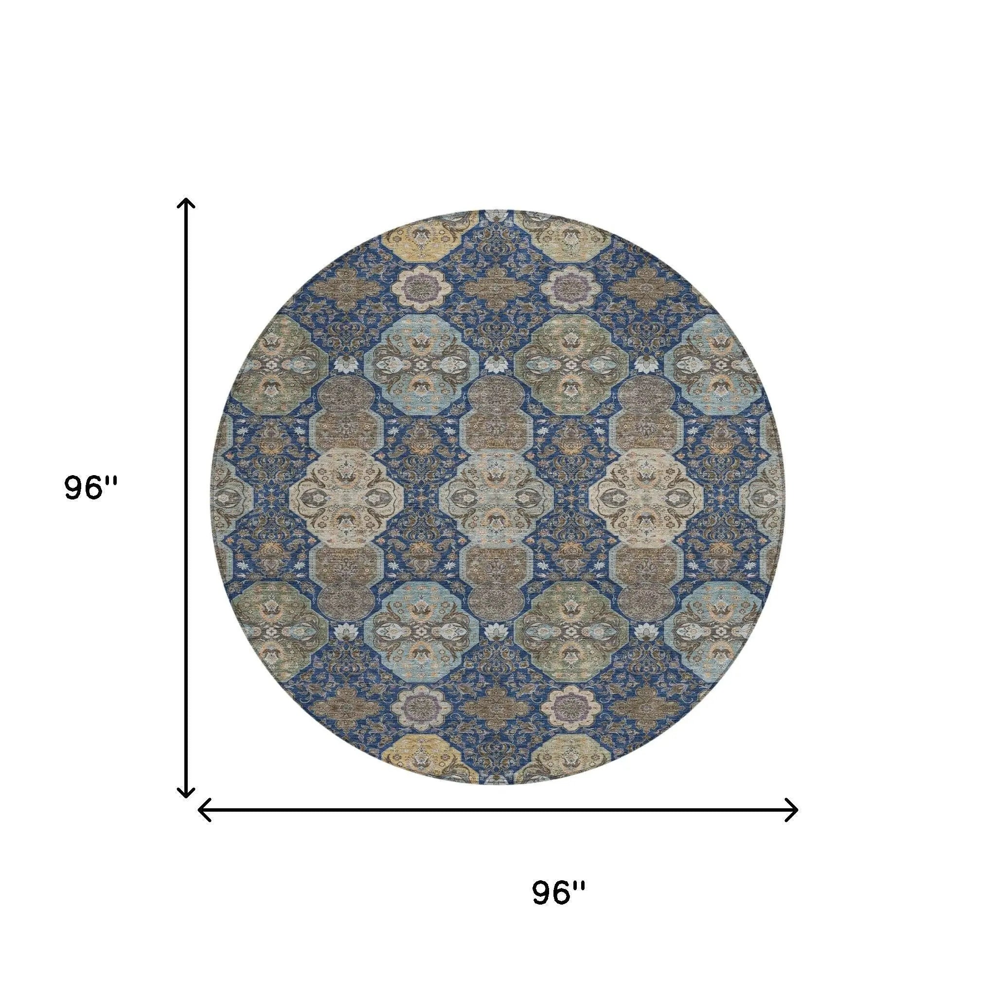 8' Navy Blue And Gray Round Floral Washable Indoor Outdoor Area Rug Homeroots Outdoor