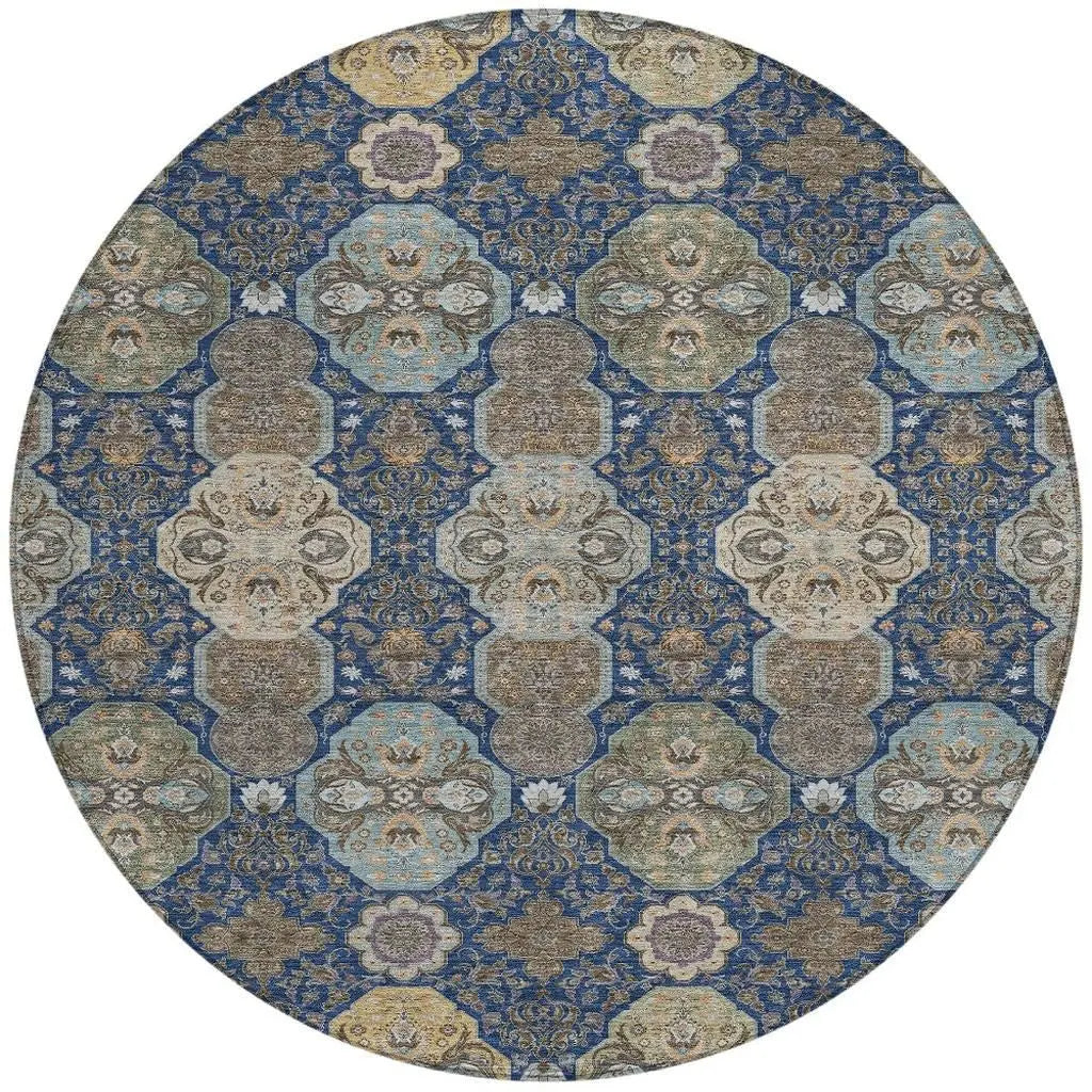 8' Navy Blue And Gray Round Floral Washable Indoor Outdoor Area Rug Homeroots Outdoor