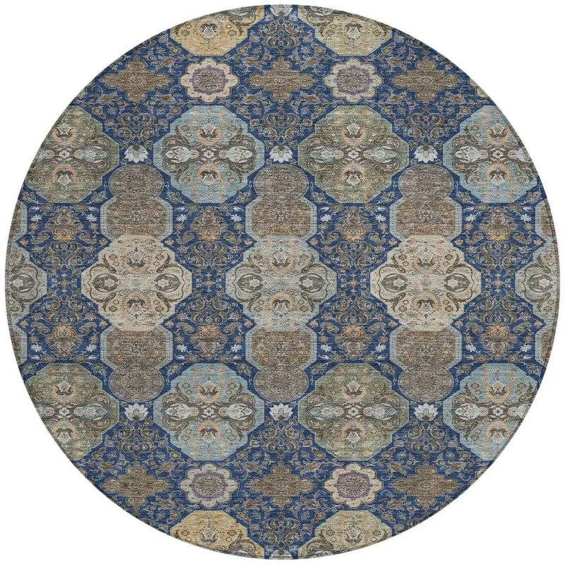 8' Navy Blue And Gray Round Floral Washable Indoor Outdoor Area Rug Homeroots Outdoor