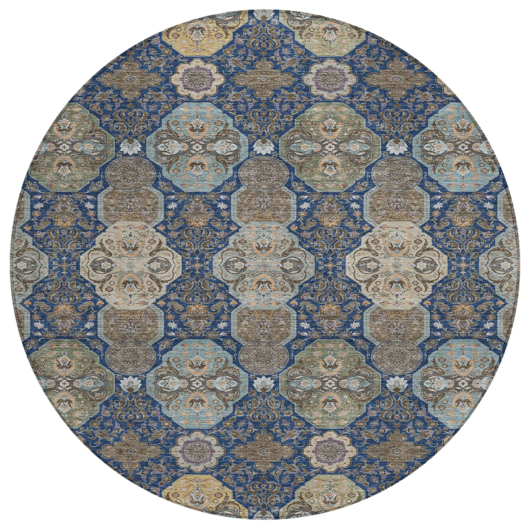 8' Navy Blue And Gray Round Floral Washable Indoor Outdoor Area Rug Homeroots Outdoor