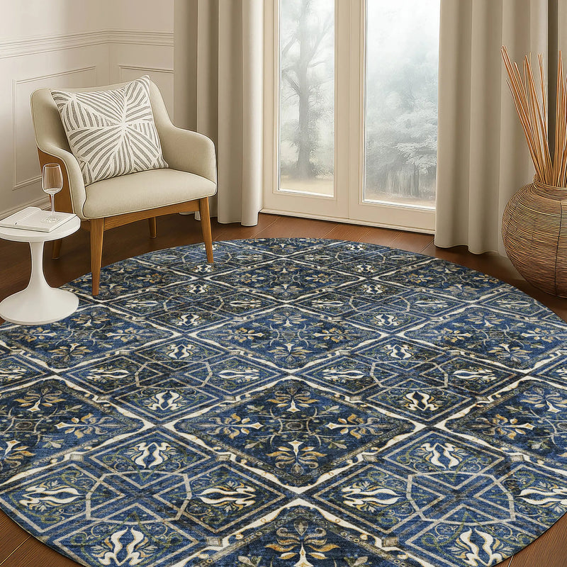 8' Navy Blue And Gray Round Geometric Washable Indoor Outdoor Area Rug Homeroots Outdoor