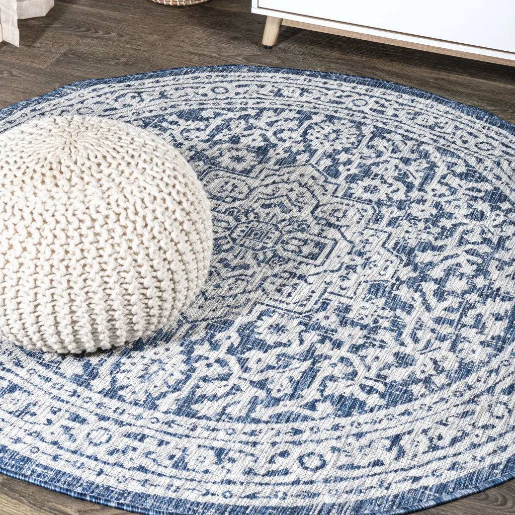 8' Navy Blue And Gray Round Medallion Indoor Outdoor Area Rug Homeroots Outdoor