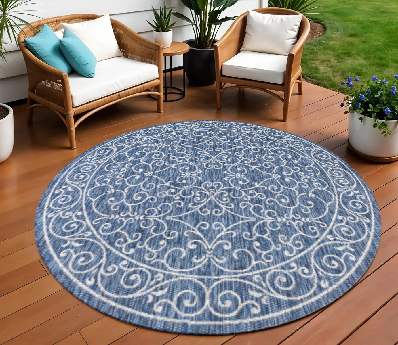 8' Navy Blue And Gray Round Medallion Indoor Outdoor Area Rug Homeroots Outdoor
