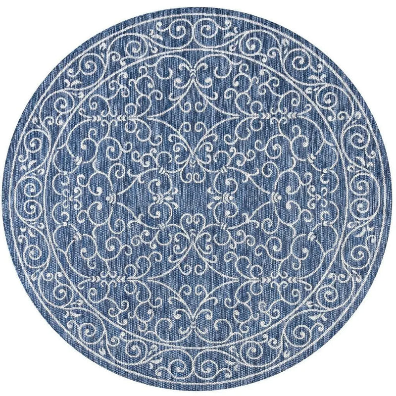 8' Navy Blue And Gray Round Medallion Indoor Outdoor Area Rug Homeroots Outdoor