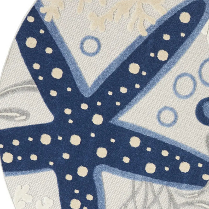 8' Navy Blue And Gray Round Starfish Indoor Outdoor Area Rug Homeroots Outdoor