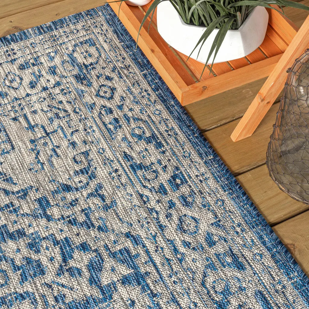 8' Navy Blue And Gray Square Medallion Indoor Outdoor Area Rug Homeroots Outdoor