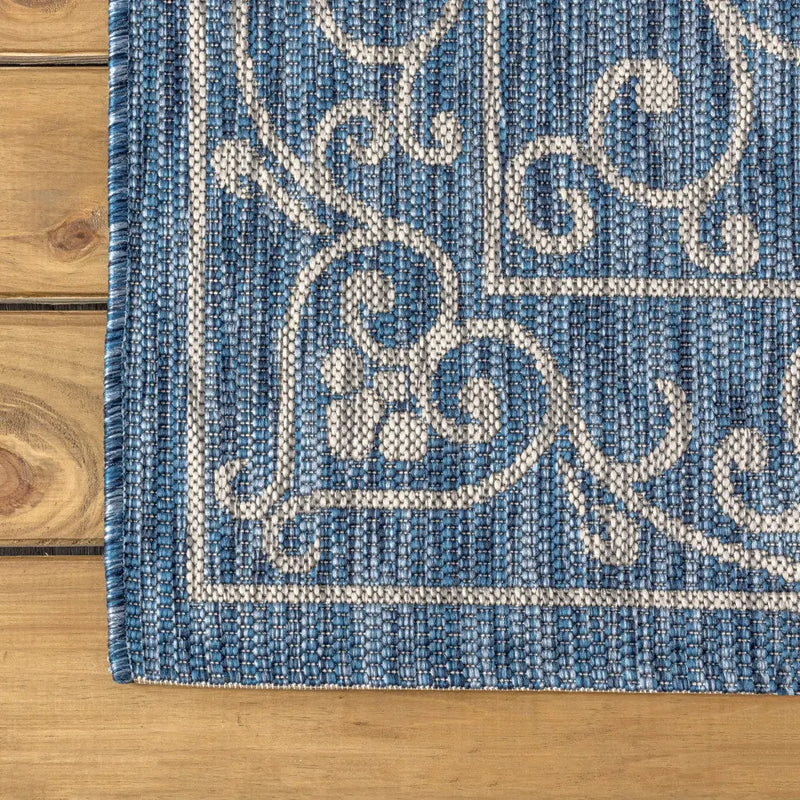 8' Navy Blue And Gray Square Medallion Indoor Outdoor Area Rug Homeroots Outdoor
