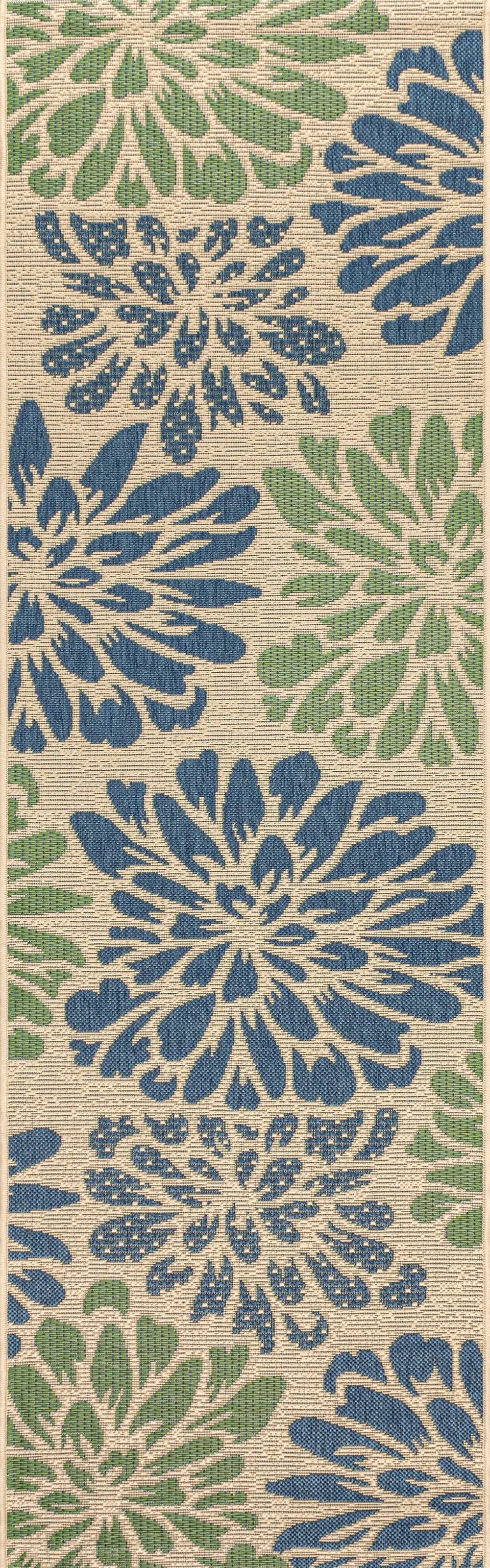 8' Navy Blue And Green Floral Indoor Outdoor Runner Rug Homeroots Outdoor