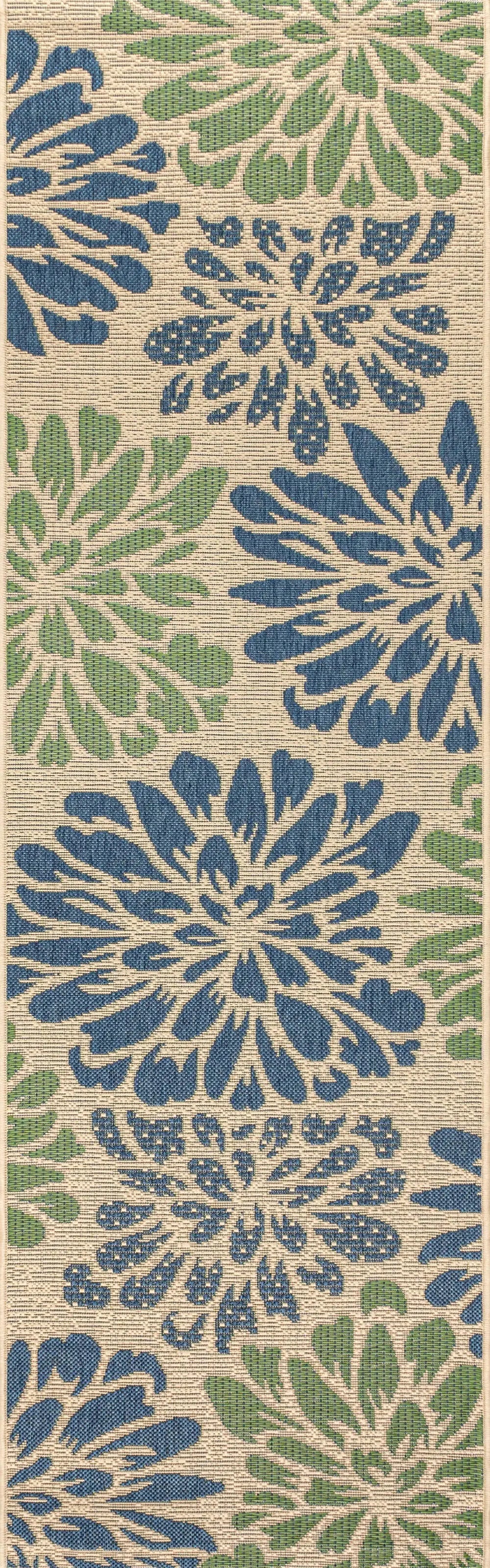 8' Navy Blue And Green Floral Indoor Outdoor Runner Rug Homeroots Outdoor