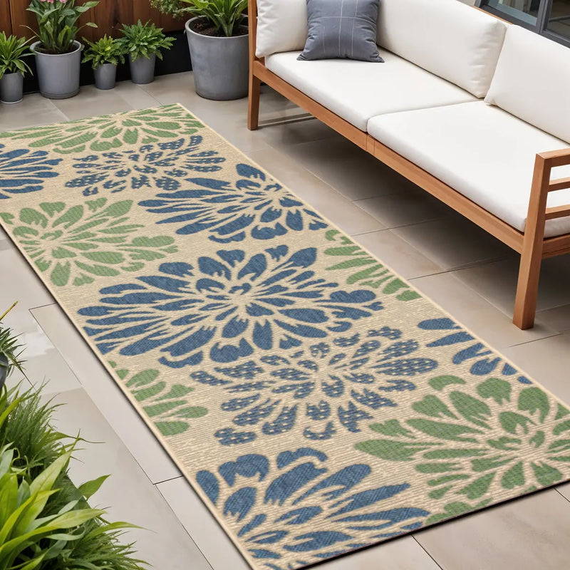 8' Navy Blue And Green Floral Indoor Outdoor Runner Rug Homeroots Outdoor