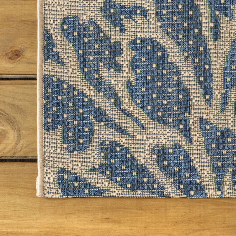 8' Navy Blue And Green Floral Indoor Outdoor Runner Rug Homeroots Outdoor
