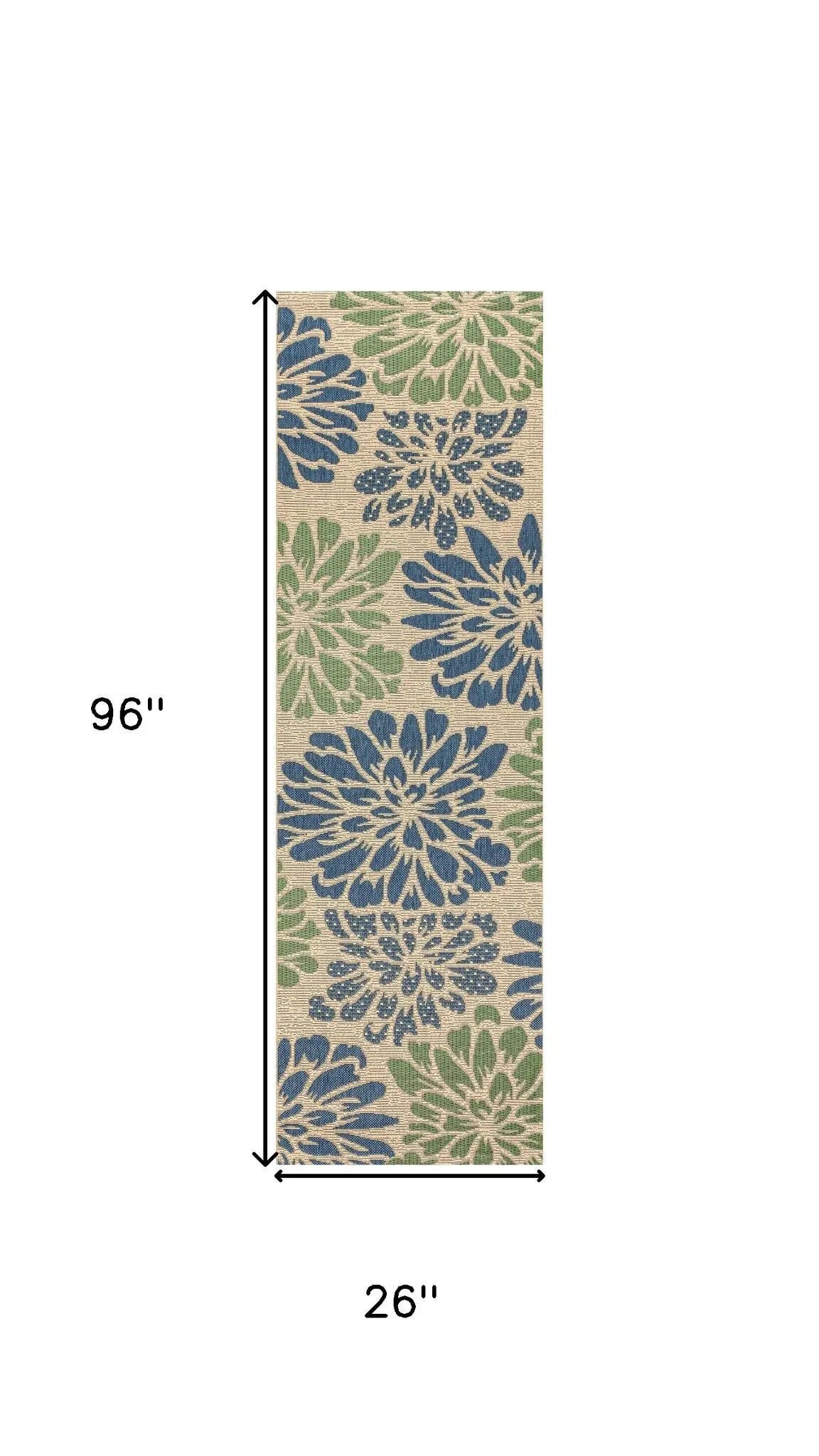 8' Navy Blue And Green Floral Indoor Outdoor Runner Rug Homeroots Outdoor