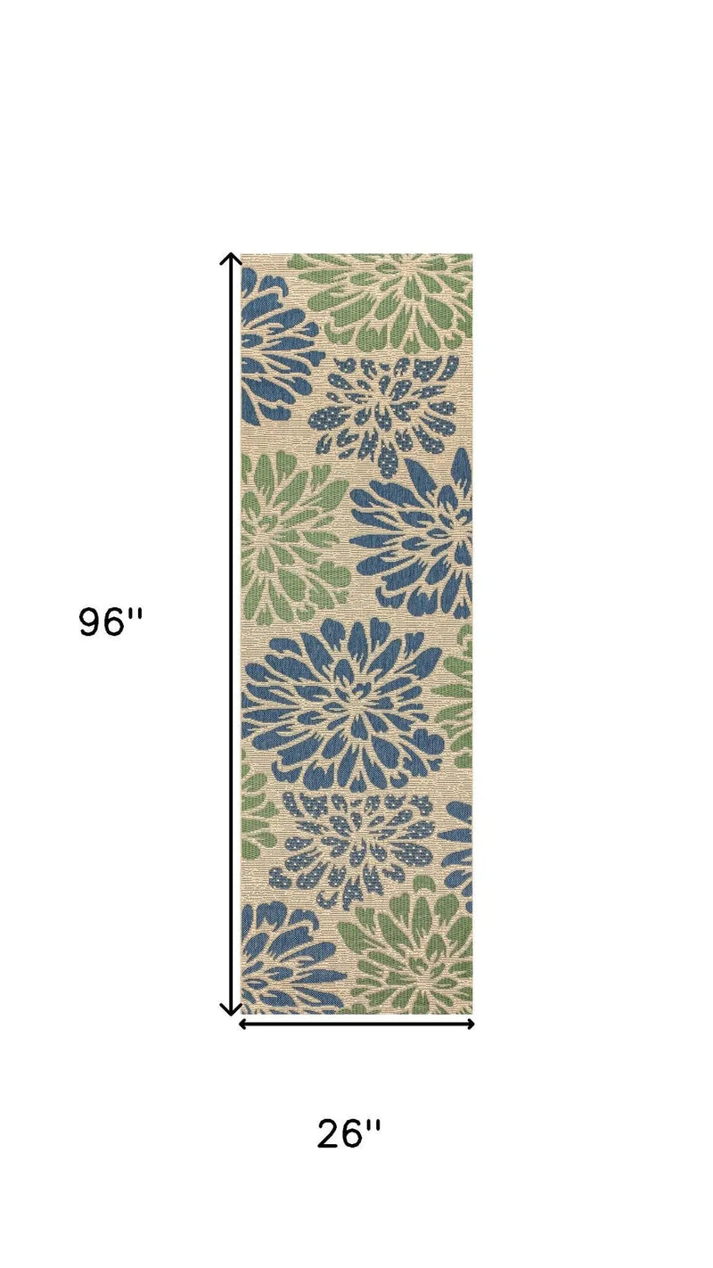 8' Navy Blue And Green Floral Indoor Outdoor Runner Rug Homeroots Outdoor