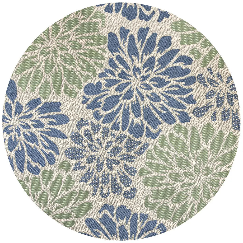 8' Navy Blue And Green Round Floral Indoor Outdoor Area Rug - GreatEagleInc