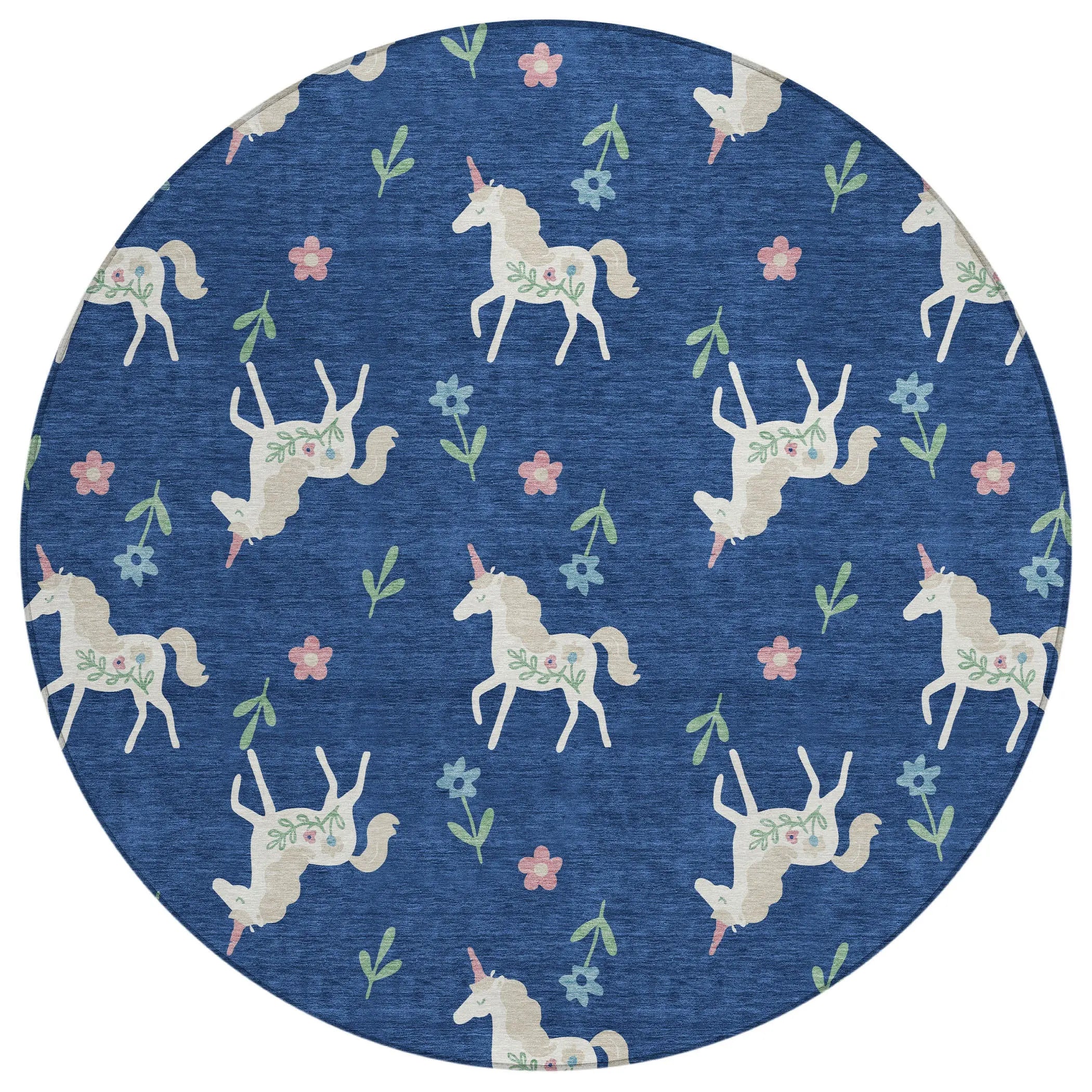 8' Navy Blue And Green Round Floral Washable Indoor Outdoor Area Rug Homeroots Outdoor