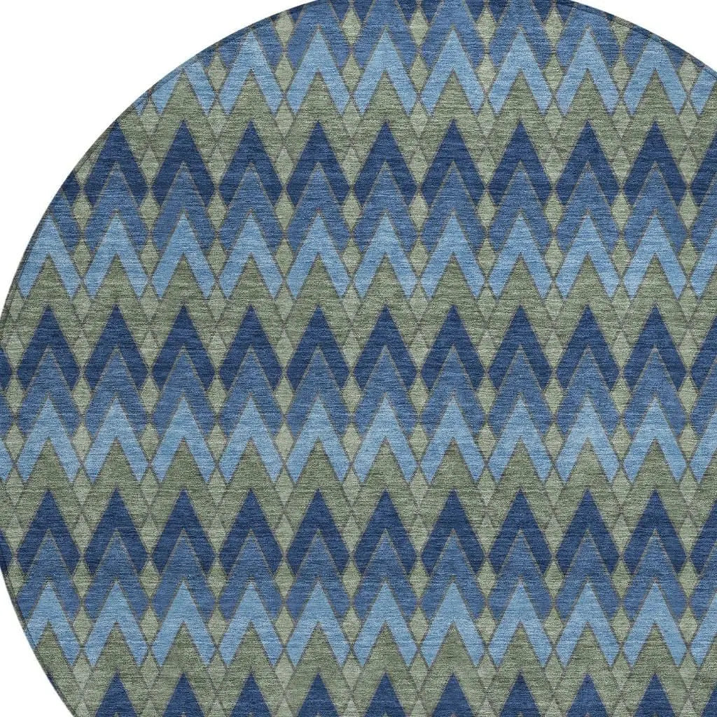 8' Navy Blue And Green Round Geometric Washable Indoor Outdoor Area Rug Homeroots Outdoor