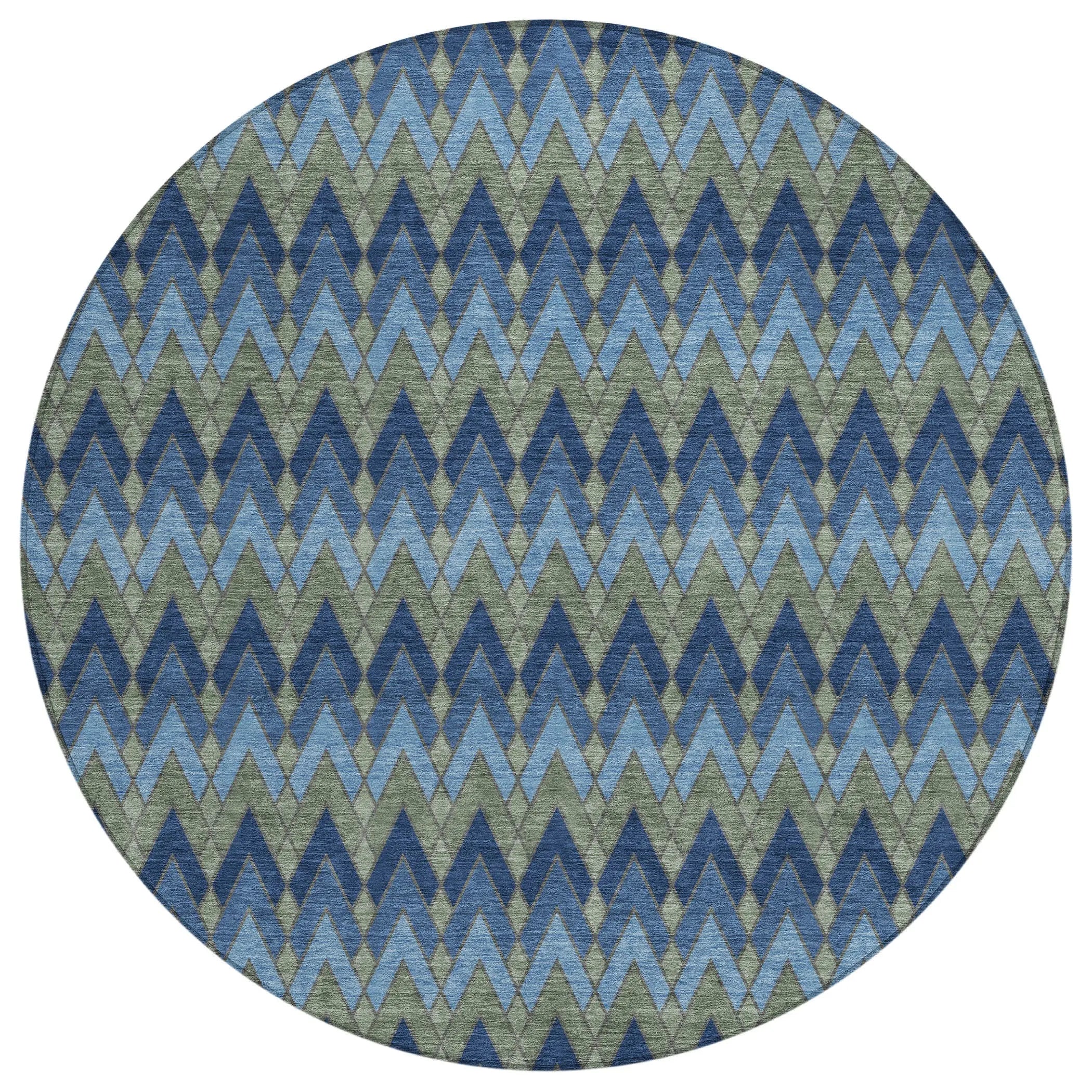 8' Navy Blue And Green Round Geometric Washable Indoor Outdoor Area Rug Homeroots Outdoor