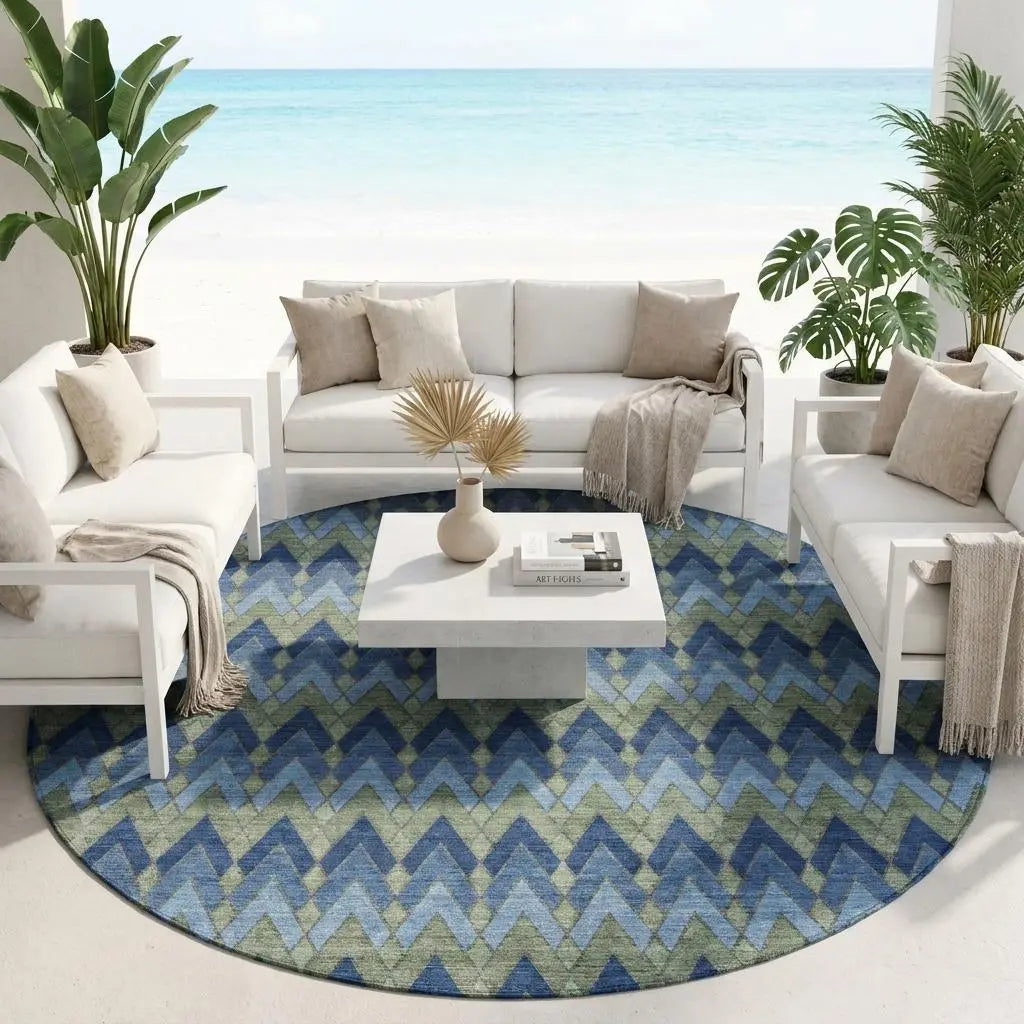 8' Navy Blue And Green Round Geometric Washable Indoor Outdoor Area Rug Homeroots Outdoor