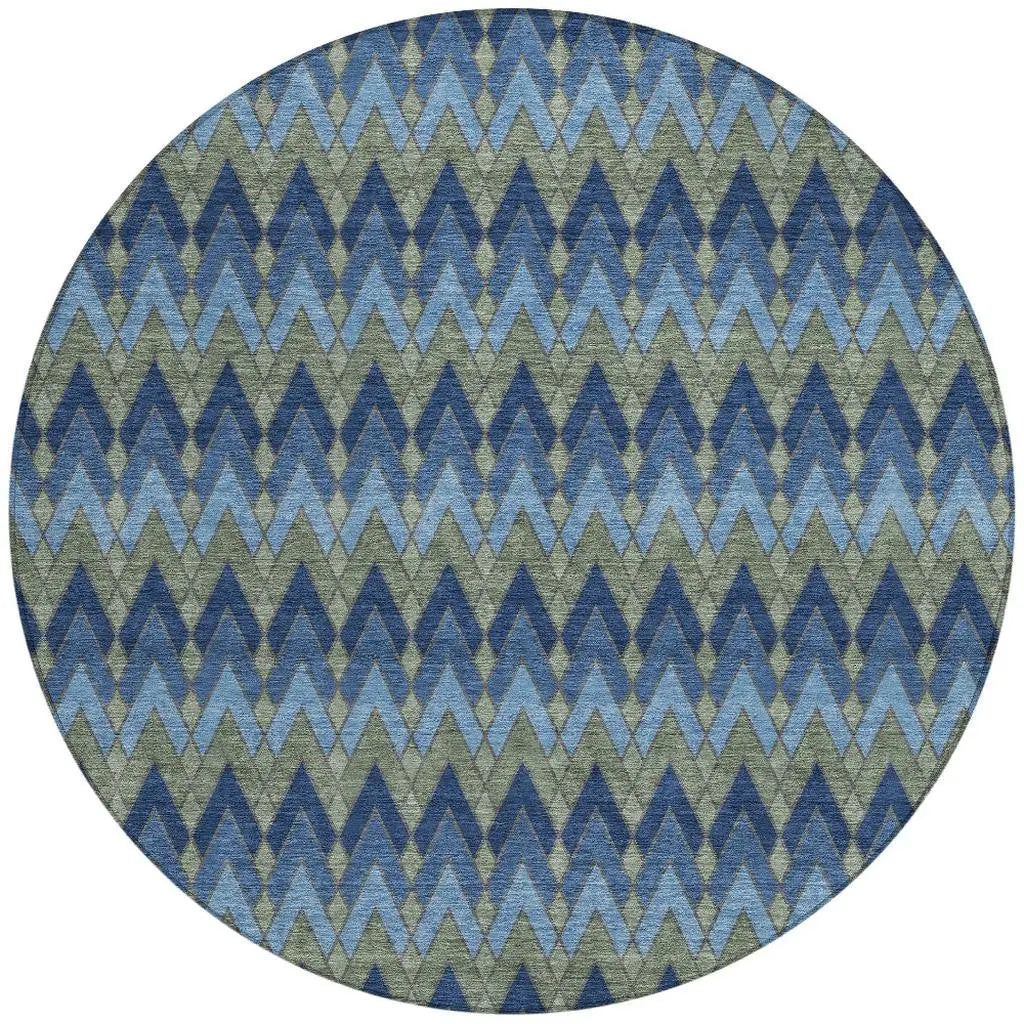 8' Navy Blue And Green Round Geometric Washable Indoor Outdoor Area Rug Homeroots Outdoor