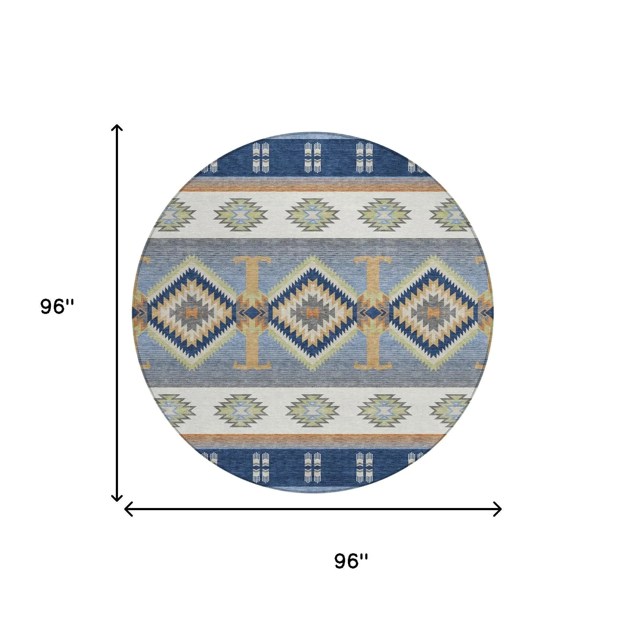 8' Navy Blue And Green Round Southwestern Washable Indoor Outdoor Area Rug Homeroots Outdoor