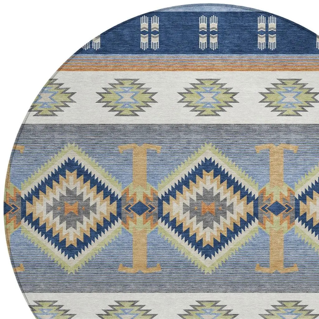 8' Navy Blue And Green Round Southwestern Washable Indoor Outdoor Area Rug Homeroots Outdoor