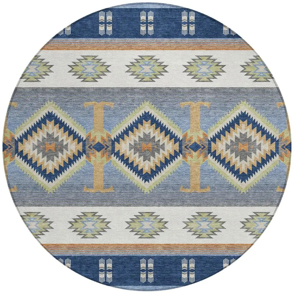8' Navy Blue And Green Round Southwestern Washable Indoor Outdoor Area Rug Homeroots Outdoor